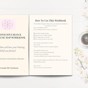 May include: A workbook titled "Subconscious Block Root Cause Map Workbook" with text on how to use it. The workbook is open, revealing text and a floral design. A cup of coffee and flowers are in the background.