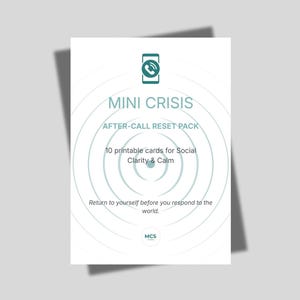 Puede incluir: Una tarjeta blanca con el texto "MINI CRISIS AFTER-CALL RESET PACK" y un icono de tel&eacute;fono. La tarjeta incluye el texto "10 tarjetas imprimibles para la claridad y la calma social" y "Vuelve a ti antes de responder al mundo."