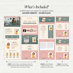 May include: A digital mockup of a website design, featuring a soft color palette of pink, green, and beige. The design includes multiple pages with sections for book showcases, author information, and contact details. Text on the image reads "What's Included?" and "Everything you need to launch your author website - in one place."