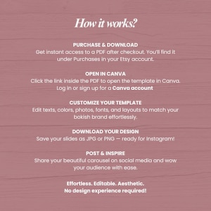 Puede incluir: Un fondo rosa con texto blanco que detalla los pasos para usar una plantilla. El texto incluye "&iquest;C&oacute;mo funciona?" e instrucciones para comprar, descargar, abrir en Canva, personalizar y publicar.