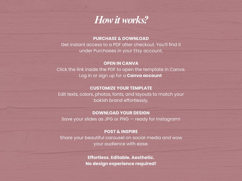 Puede incluir: Un fondo rosa con texto blanco que detalla los pasos para usar una plantilla. El texto incluye "&iquest;C&oacute;mo funciona?" e instrucciones para comprar, descargar, abrir en Canva, personalizar y publicar.