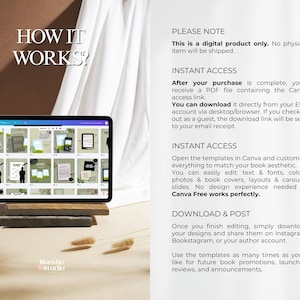 Puede incluir: Una tableta que muestra una cuadr&iacute;cula de plantillas para redes sociales con el texto HOW IT WORKS? e instrucciones para un producto digital. El texto explica el proceso de acceso, edici&oacute;n en Canva y descarga de dise&ntilde;os para promoci&oacute;n.