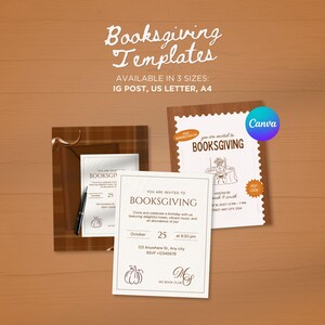 Może przedstawiać: Cyfrowe szablony zaproszeń na Booksgiving z białymi kartkami, brązowym tekstem, ilustracjami dyń i szczegółami wydarzenia. Tekst brzmi Booksgiving Templates, Available in 3 sizes: IG Post, US Letter, A4, zawiera logo Canva.