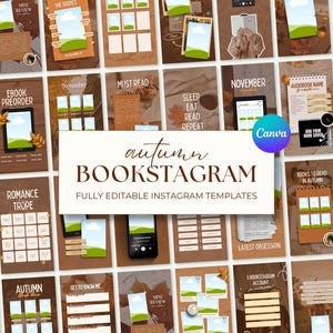 Könnte beinhalten: Eine Sammlung von Instagram-Vorlagen im Herbst-Design für Bookstagrammer, mit braunen und orangen Farbpaletten, Blattmotiven und Textüberlagerungen wie "autumn BOOKSTAGRAM", "MUST READ", "NOVEMBER" und "SLEEP EAT READ REPEAT".