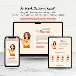 May include: A digital mockup showcasing a website design on a smartphone, tablet, and laptop. The website features a cartoon illustration of a woman in an orange apron. Text includes "Mobile & Desktop Friendly" and "Website demo: link in the description."