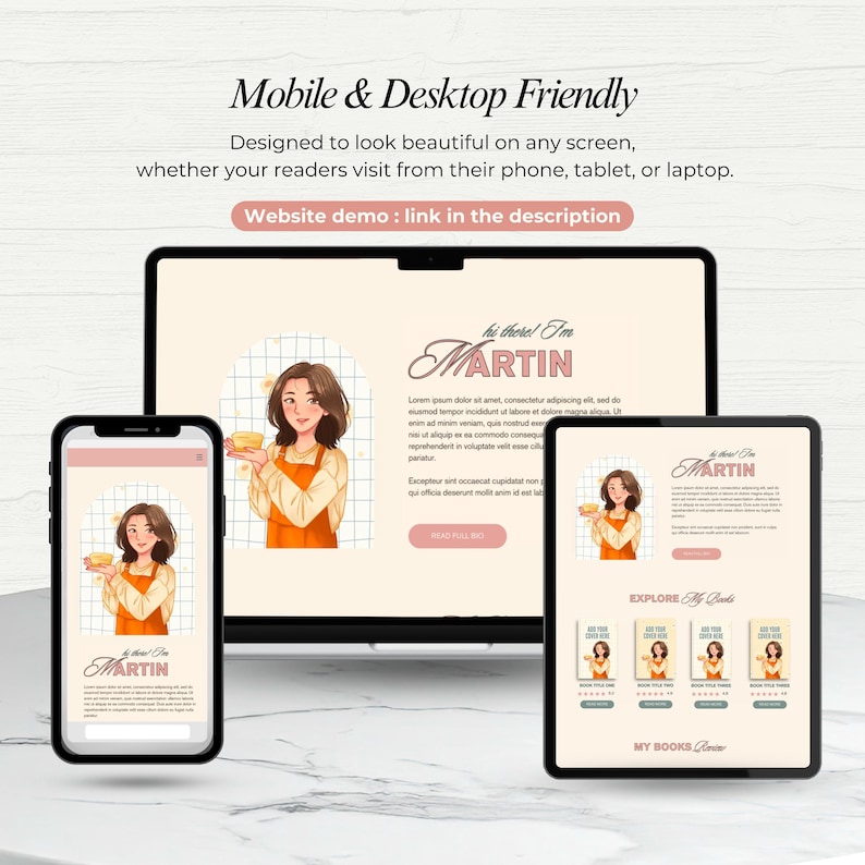 May include: A digital mockup showcasing a website design on a smartphone, tablet, and laptop. The website features a cartoon illustration of a woman in an orange apron. Text includes "Mobile & Desktop Friendly" and "Website demo: link in the description."