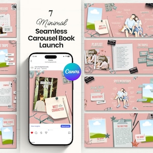 Może przedstawiać: Grafika marketingu cyfrowego z tekstem "7 Minimal Seamless Carousel Book Launch". Projekt zawiera smartfon, różne grafiki o tematyce książkowej i logo Canva. Schemat kolorów to głównie różowy i biały.
