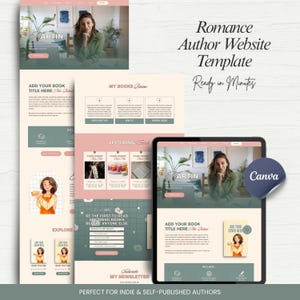 May include: A website template design for romance authors, featuring a tablet and several mockups. The design includes a photo of a woman, the word "ARTIN", and the text "Romance Author Website Template Ready in Minutes". The design is perfect for indie and self-published authors.