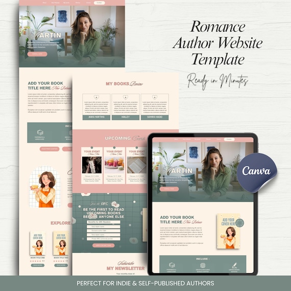Romance Author Website Template Canva Book Promo Indie Author Landing Page Book Marketing One Page Website Author Brand Editable Website
