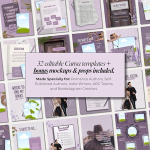May include: A grid of 32 editable Canva templates with bonus mockups and props, in purple and white. The templates are designed for romance authors, indie writers, and bookstagram creators. The text includes "guest", "dedication", and "ARC reader review".