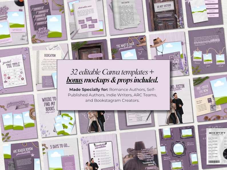 May include: A grid of 32 editable Canva templates with bonus mockups and props, in purple and white. The templates are designed for romance authors, indie writers, and bookstagram creators. The text includes "guest", "dedication", and "ARC reader review".