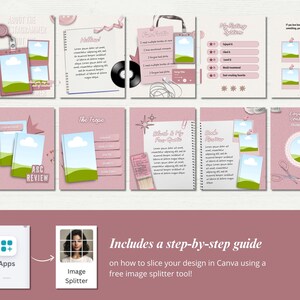 Puede incluir: Una gu&iacute;a de dise&ntilde;o digital con un tema rosa. La gu&iacute;a incluye varias p&aacute;ginas con texto e im&aacute;genes, incluida una gu&iacute;a paso a paso sobre c&oacute;mo dividir un dise&ntilde;o en Canva. La gu&iacute;a tambi&eacute;n presenta una foto de una mujer y el texto "Image Splitter".