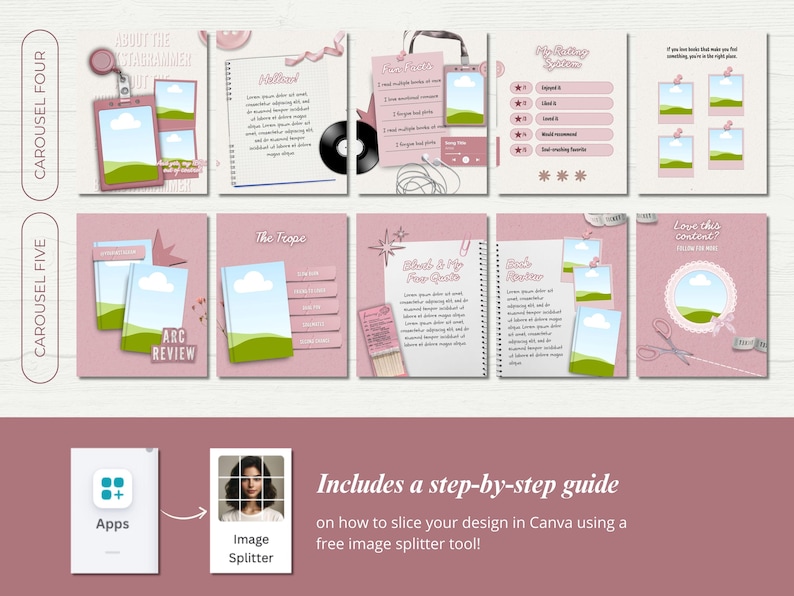 Puede incluir: Una gu&iacute;a de dise&ntilde;o digital con un tema rosa. La gu&iacute;a incluye varias p&aacute;ginas con texto e im&aacute;genes, incluida una gu&iacute;a paso a paso sobre c&oacute;mo dividir un dise&ntilde;o en Canva. La gu&iacute;a tambi&eacute;n presenta una foto de una mujer y el texto "Image Splitter".