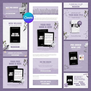 Peut inclure: Une collection de modèles de marketing numérique dans une palette de couleurs violet clair, avec des maquettes de livres, des liseuses, des stylos et des accents floraux. Les mises en page incluent des textes comme "Your Book Title" et "New Release".