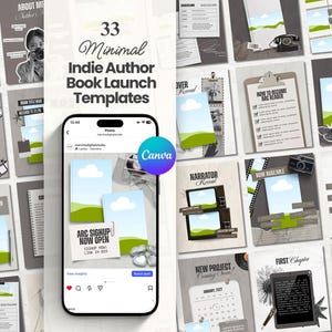 May include: A collection of 33 minimalist Indie Author Book Launch Templates. The templates include designs for social media posts, book launch announcements, and promotional materials. The templates are in a variety of styles, with a focus on clean design.