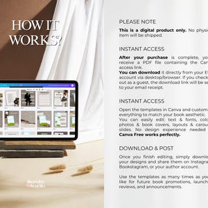 May include: A digital product displayed on a tablet, showcasing various book templates. The screen shows multiple design layouts. Text on the screen reads "HOW IT WORKS?" and "PLEASE NOTE". The product is from the "Moreho Studio".