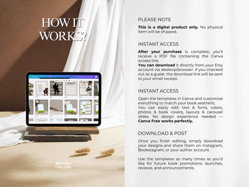 May include: A digital product displayed on a tablet, showcasing various book templates. The screen shows multiple design layouts. Text on the screen reads "HOW IT WORKS?" and "PLEASE NOTE". The product is from the "Moreho Studio".