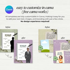 Puede incluir: Un conjunto de plantillas digitales para Canva que muestra ejemplos de antes y despu&eacute;s de dise&ntilde;os de portadas de libros. Los dise&ntilde;os incluyen cuadernos de espiral, marcadores de posici&oacute;n de texto e ilustraciones de personas.