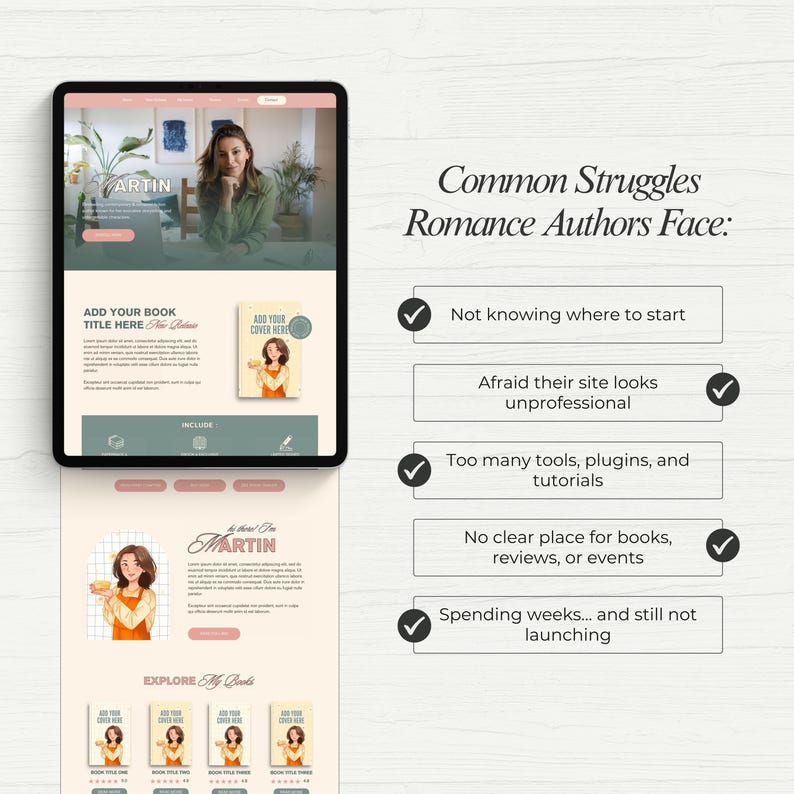 May include: A digital tablet displays a website design with a woman's image, book covers, and text. The text includes "Common Struggles Romance Authors Face:" and lists challenges like starting, unprofessional sites, and launching delays.