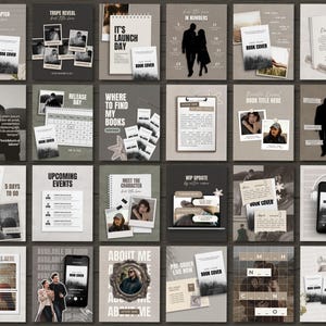 May include: A collection of book cover designs with various layouts and themes. Each design features text, images, and decorative elements. The color palette is primarily grayscale with accents of beige and brown.
