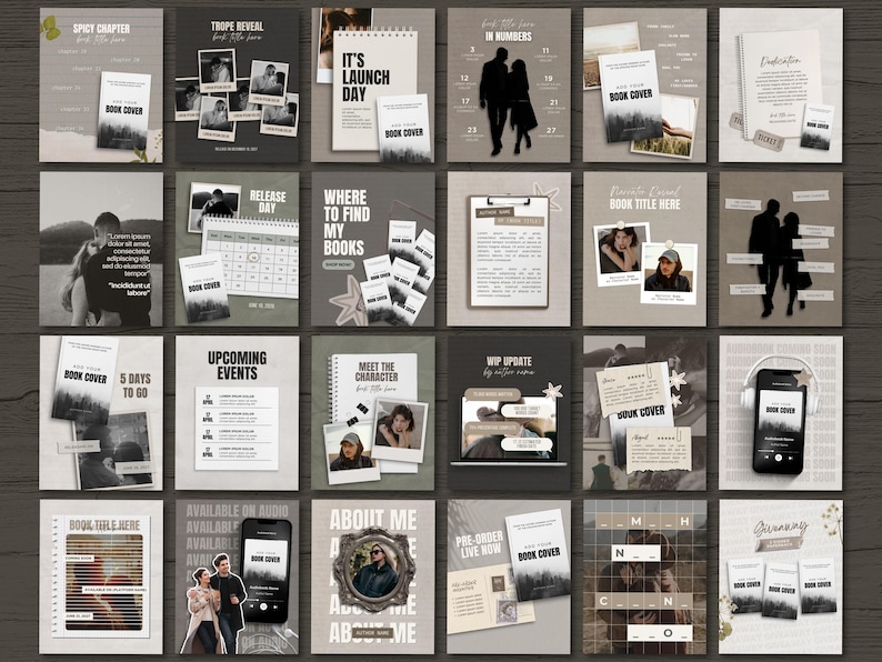 May include: A collection of book cover designs with various layouts and themes. Each design features text, images, and decorative elements. The color palette is primarily grayscale with accents of beige and brown.