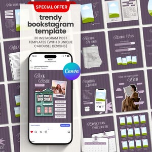 May include: A set of purple and white Instagram templates with a "Special Offer" banner. The template includes 30 designs with unique carousel layouts. A phone displays a sample post with the text "Book Bestie Edition".
