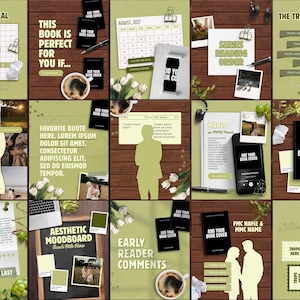 May include: A digital social media template set for book promotion featuring a dark wood background with sage green overlays, including placeholders for book covers, text, mood boards, calendars, and silhouettes of couples.