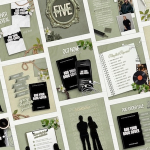 Puede incluir: Una colecci&oacute;n de plantillas para redes sociales con fondos verde salvia, marcadores de posici&oacute;n para portadas de libros, siluetas de dos personas, detalles florales, cuerdas y textos como Cover Reveal, Out Now y Pre-Order Sale.