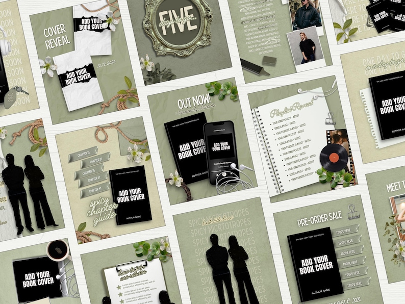 Puede incluir: Una colecci&oacute;n de plantillas para redes sociales con fondos verde salvia, marcadores de posici&oacute;n para portadas de libros, siluetas de dos personas, detalles florales, cuerdas y textos como Cover Reveal, Out Now y Pre-Order Sale.