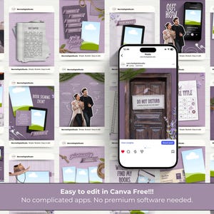May include: A series of social media templates in purple, showcasing diverse designs with text and images. The templates feature phrases such as "Book Signing Event" and "Do Not Disturb". The text "Easy to edit in Canva Free!!!" is also visible.