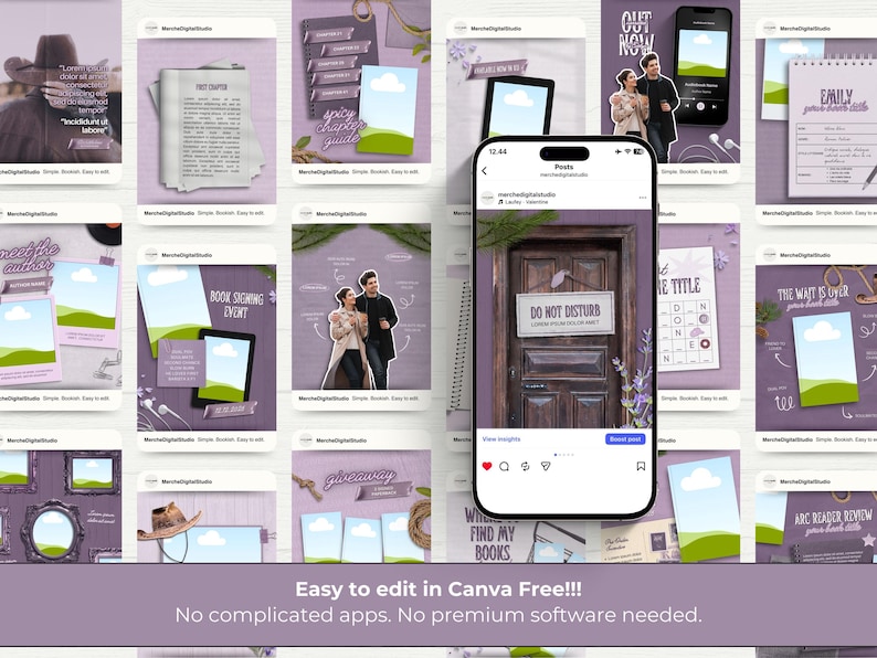 May include: A series of social media templates in purple, showcasing diverse designs with text and images. The templates feature phrases such as "Book Signing Event" and "Do Not Disturb". The text "Easy to edit in Canva Free!!!" is also visible.
