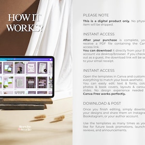 May include: A tablet displaying book templates in a lavender theme, with the text "HOW IT WORKS?" at the top left. The image includes text about instant access and Canva. The product is a digital download.