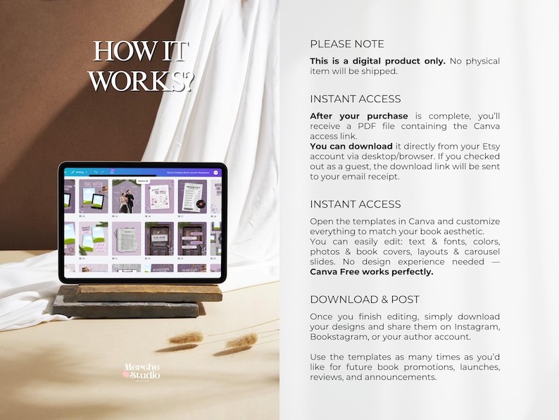 May include: A tablet displaying book templates in a lavender theme, with the text "HOW IT WORKS?" at the top left. The image includes text about instant access and Canva. The product is a digital download.