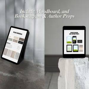 May include: Two black tablets displaying design elements and the text "Brand Guidelines" and "Bookstagram and Author Props." The tablets are set against a neutral backdrop, suggesting a focus on digital design and content creation.