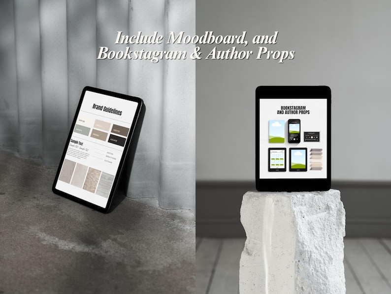 May include: Two black tablets displaying design elements and the text "Brand Guidelines" and "Bookstagram and Author Props." The tablets are set against a neutral backdrop, suggesting a focus on digital design and content creation.