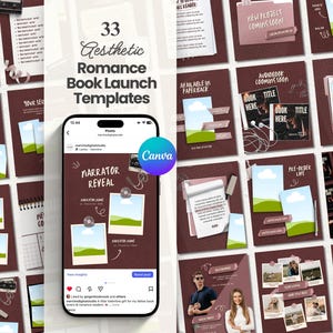 May include: A collection of 33 aesthetic romance book launch templates. The templates feature a dark red-brown background with white and light pink accents. The templates include text such as "Narrator Reveal" and "Pre-Order Live". A phone displays a Canva logo.