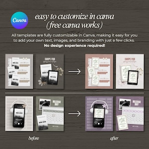 May include: A graphic design template advertisement with the Canva logo. The text reads "easy to customize in canva (free canva works)". The image shows before and after examples of customizable templates for book covers and social media posts.