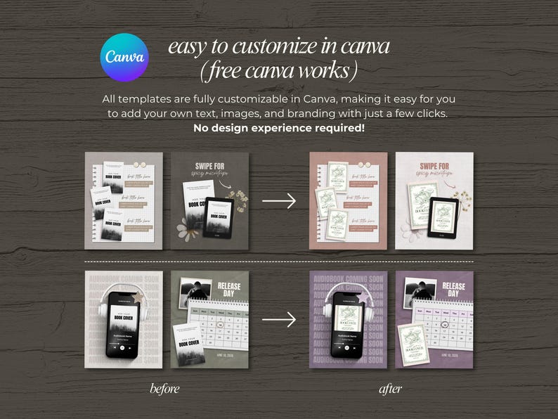 May include: A graphic design template advertisement with the Canva logo. The text reads "easy to customize in canva (free canva works)". The image shows before and after examples of customizable templates for book covers and social media posts.
