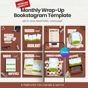 Könnte beinhalten: Eine digitale Vorlage für ein monatliches Bookstagram-Wrap-up mit acht anpassbaren Vorlagen in brauner und weißer Ästhetik. Das Design umfasst Platz für Fotos, Lesestatistiken und das Buch des Monats. Der Text enthält "Monthly Wrap-Up Bookstagram Template".