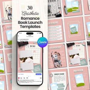 May include: Aesthetic romance book launch templates in a pink and white color scheme. The image features a smartphone with Canva branding, surrounded by various social media post designs. The templates include text and illustrations.