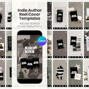 Könnte beinhalten: Eine Sammlung von dreißig digitalen Social-Media-Reel-Cover-Vorlagen für Indie-Autoren, die verschiedene Layouts mit Platzhaltern für Buchcover, Text und Fotos enthalten und auf einem Smartphone-Bildschirm sowie im Rasterformat angezeigt werden.