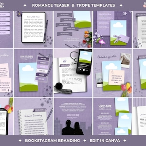 Könnte beinhalten: Eine Sammlung digitaler Social-Media-Vorlagen zur Buchwerbung mit violetten Hintergründen, Buchcovern mit blauem Himmel und grünen Hügeln, Platzhaltertext, Stiften, Blumen und den Silhouetten eines Paares vor einer Stadtkulisse.