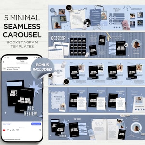 Puede incluir: Un conjunto de cinco plantillas de carrusel digitales para redes sociales con una paleta de colores azul claro, marcadores de posición para portadas de libros en negro, gráficos de estrellas y el texto 5 MINIMAL SEAMLESS CAROUSEL BOOKSTAGRAM TEMPLATES.