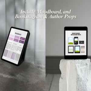 May include: Two black tablets displaying digital content. One tablet shows a mood board with purple colour swatches and text. The other tablet displays a phone, other tablets, and books with the text "Bookstagram and Author Props."