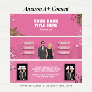 May include: A digital template for Amazon A+ content featuring a pink background with floral accents. It includes placeholders for a book title, author name, and six text boxes. An illustration of a man in a suit and a woman in a black dress is shown.
