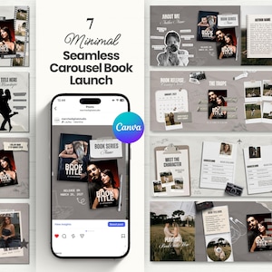 May include: A digital marketing graphic with the text "7 Minimal Seamless Carousel Book Launch." The design includes a smartphone mockup, book covers, and photo collages, all in a neutral colour palette.