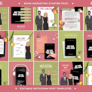 May include: A digital marketing starter pack for books featuring fifteen editable Instagram post templates. The grid displays various layouts including book covers, character illustrations, review graphics, and audiobook mockups with placeholder text.