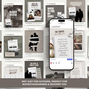 May include: A collection of social media templates for book lovers, featuring various designs with text like "Reader Review," "Book Cover," and "Meet the Character." The templates are displayed on a neutral background, with a phone showcasing a post about book tropes.