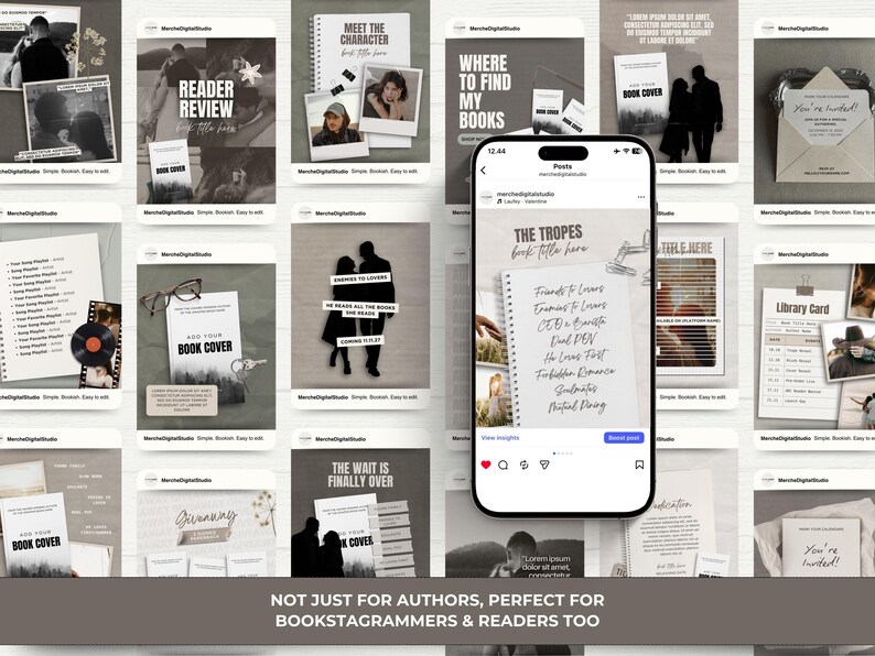 May include: A collection of social media templates for book lovers, featuring various designs with text like "Reader Review," "Book Cover," and "Meet the Character." The templates are displayed on a neutral background, with a phone showcasing a post about book tropes.