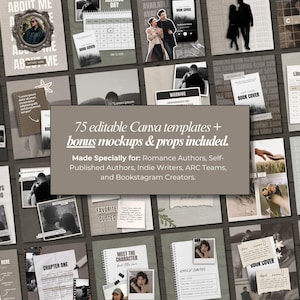 May include: A collection of 75 editable Canva templates with bonus mockups and props. The templates are designed for romance authors, indie writers, and bookstagram creators. The templates feature a neutral color palette with images and text.